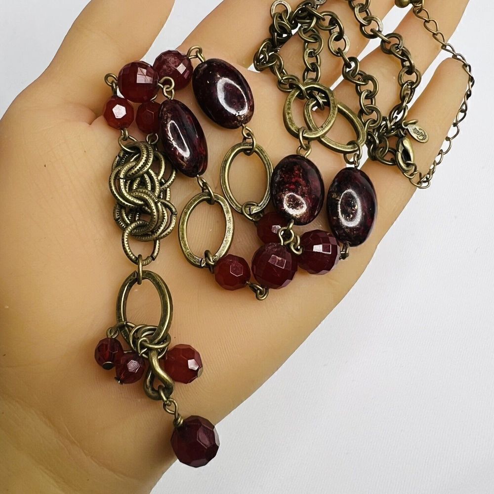 Premier Designs CROWN PD Beaded Wine Red Maroon Bead Antiqued Gold Necklace 1174